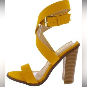Mustard Yellow Ankle Wrap Vegan Leather Ankle Strappy Lace Up Heel